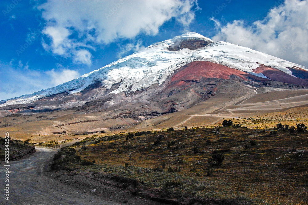 View of the Cotopaxi volcano from the Cotopaxi National Park, on a sunny morning. Ecuador