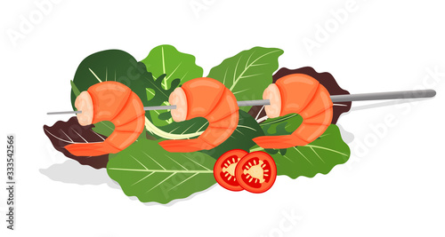 Grilled shrimp skewers on mix of lettuce leaves. Tasty fresh cooked fried shrimps dish with chilli pepper. Sea food nutrition concept. Vector illustration.