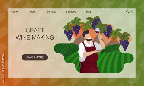 Male winemaker is tasting red wine background of vineyards. Concept of website.