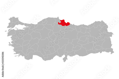 Samsun province highlighted on turkey map vector. Gray background.