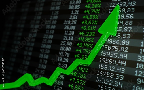 Stock market boom, financial gains, safe investment concept. Green arrow soaring over financial figures. Digital 3D render.