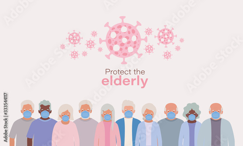 Protect elderly men and women with masks and 2019 ncov virus vector design