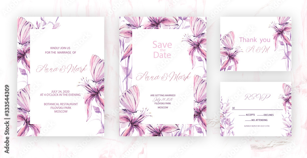 Botanical wedding invitation card template design, purple lilies and leaves on white background, vintage style. Wedding invitation, rsvp, thank you card. Banners, romantic watercolor objects