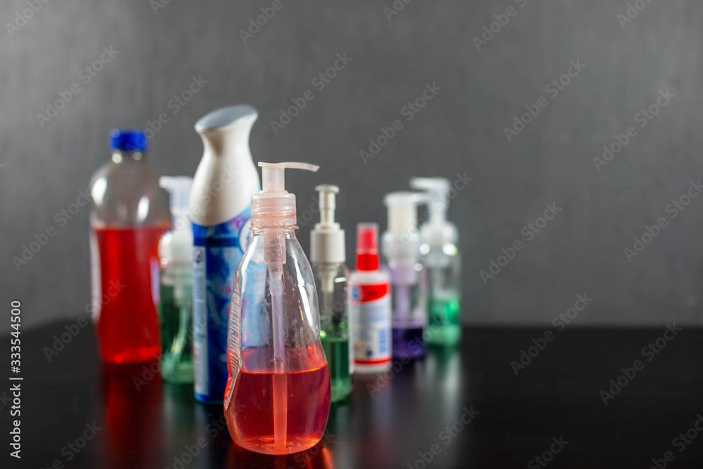 stack of soaps and disinfection standing next to each other stack of soaps and disinfection standing next to each other