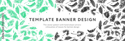 Palm leaves silhouettes pattern. Tropical background for modern fashion banner design. Leaf silhouette, natural wallpaper, trendy eco-fashion backdrop. Palms drawings, ink art, exotic decorations.