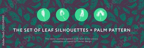 Palm leaves silhouettes pattern. Tropical background for modern fashion banner design. Leaf silhouette, natural wallpaper, trendy eco-fashion backdrop. Palms drawings, ink art, exotic decorations.