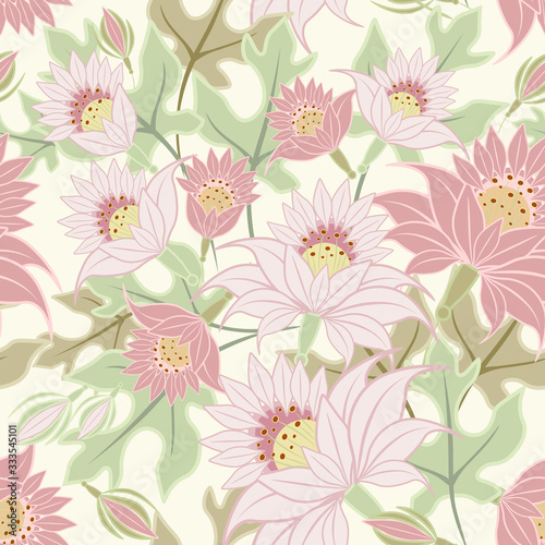 Vector floral seamless pattern in traditional ethnic style. Asian folk painting. Elegant texture with pink flowers, peonies, green leaves. Abstract botanical ornament background. Repeated design