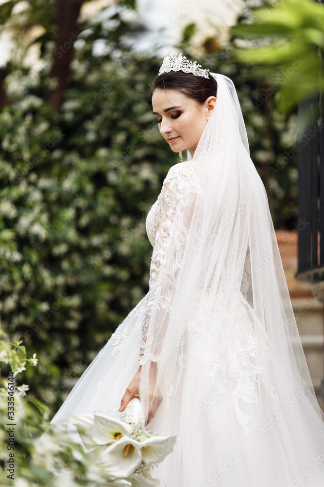 Beautiful dark haired bride in beautiful dress in the garden Beautiful dark haired bride in beautiful dress in the garden