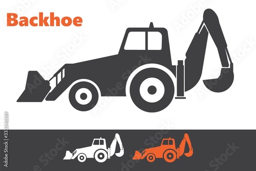 Backhoe loader tractor icon.Excavating equipment consisting of a digging bucket on the end of a two-part articulated arm and a load bucket at a front.Digger operating sign.