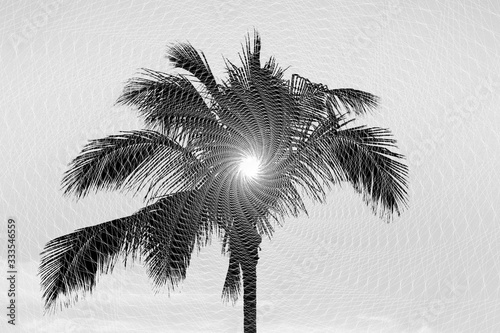 Abstract Illustration: Black palm tree shape with white repetitive lines effect.