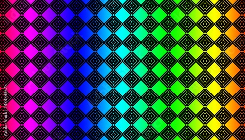 Illustration: A black abstract pattern over a colorful rainbow-like background.