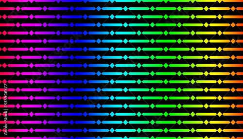 Abstract Illustration: A black repetitive pattern over a colorful rainbow-like background.