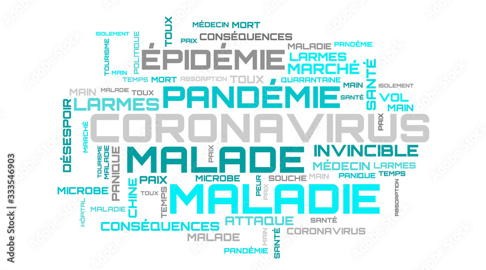 Turquoise COVID-19 french word collage on white background Turquoise COVID-19 french word collage on white background