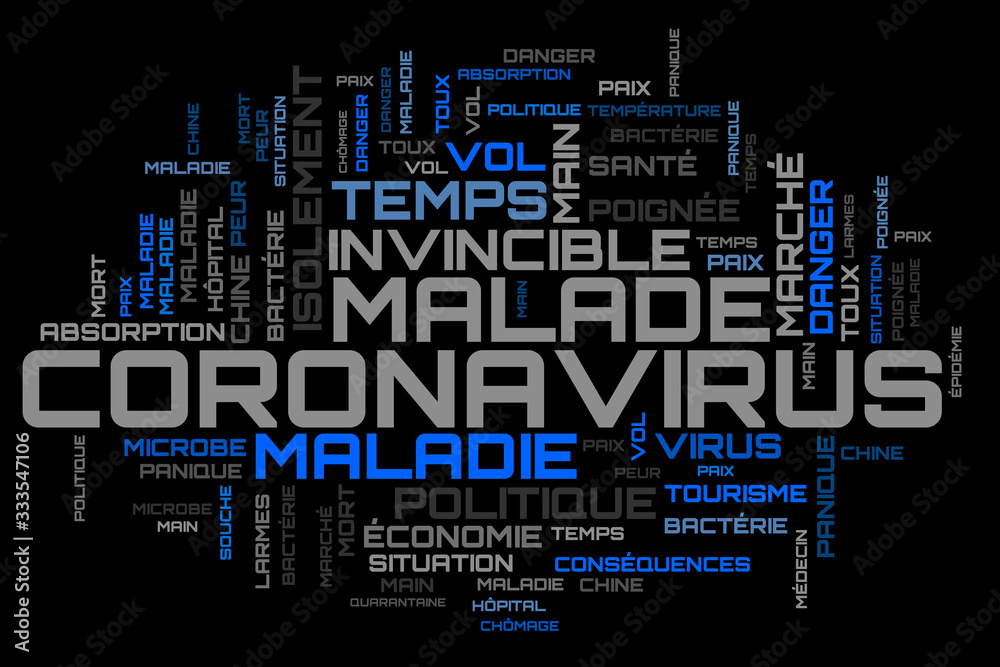 COVID-19 blue word cloud on french language illustration COVID-19 blue word cloud on french language illustration