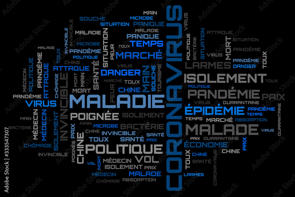 Blue coronavirus word cloud on french language Blue coronavirus word cloud on french language