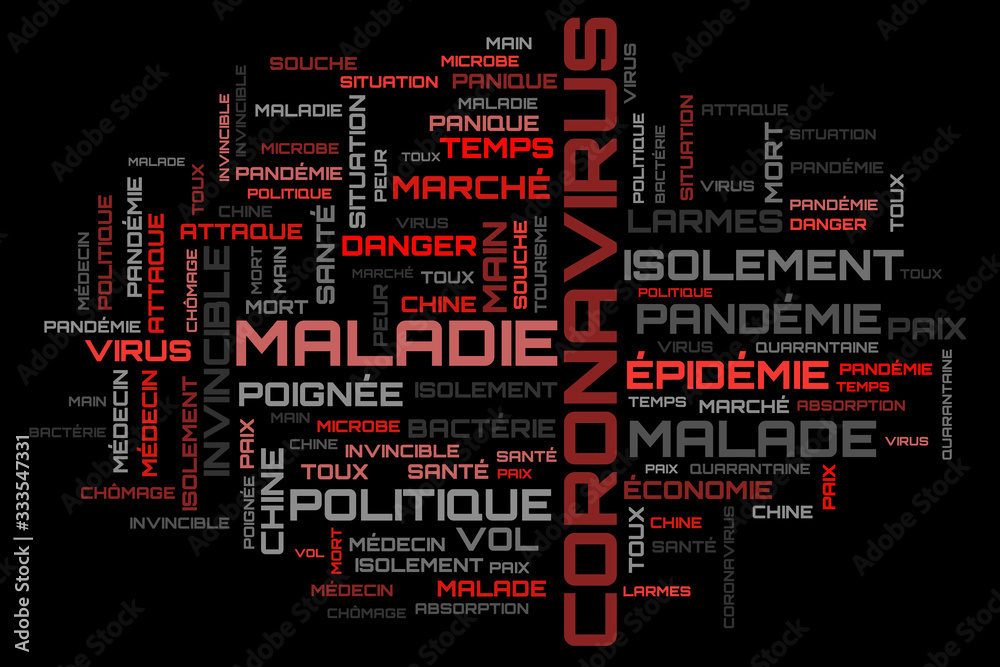 Red coronavirus word cloud on french language