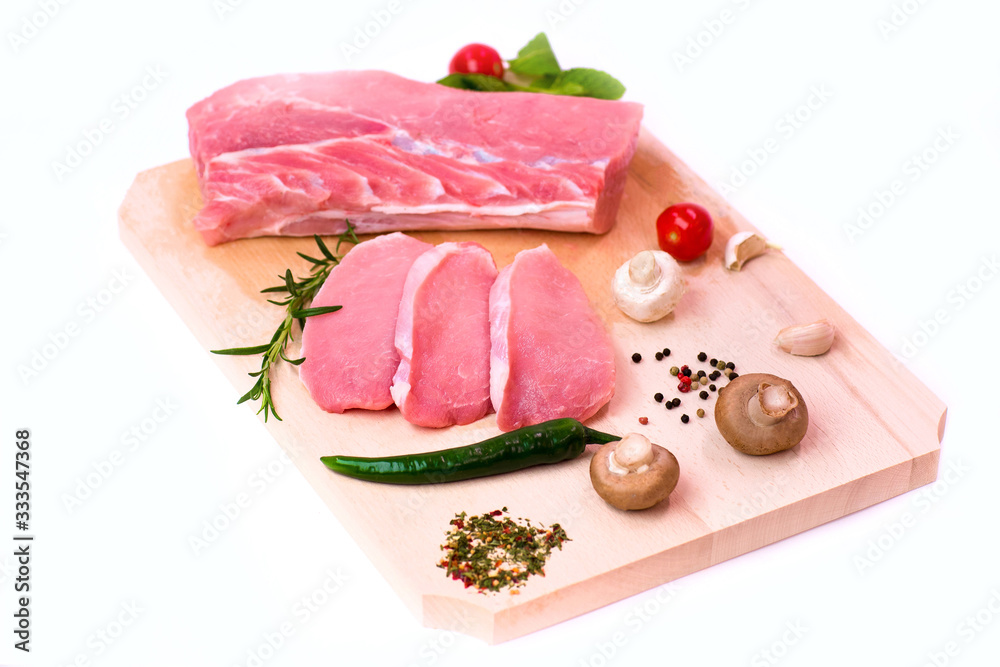 Raw meat with mushrooms on a wooden plate Raw meat with mushrooms on a wooden plate