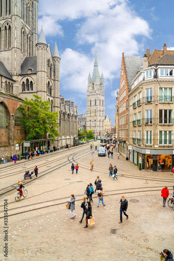 Ghent/Belgium - October 10, 2019: Panoramic view of the historic city center of Ghent with old Post building.