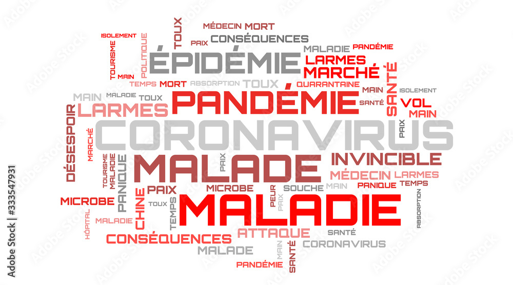 Abstract red modern coronavirus word cloud concept on french language