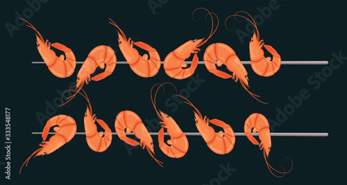 Grilled shrimp skewers. Tasty fresh cooked fried shrimps dish. Sea food nutrition concept. Vector illustration.