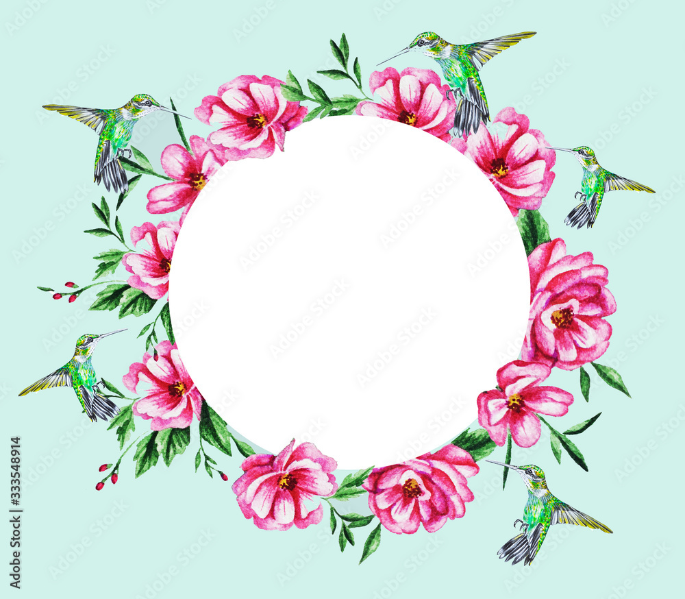 Watercolor illustration. On a green background, a round wreath- frame of pink flowers with leaves and a tropical hummingbird bird.