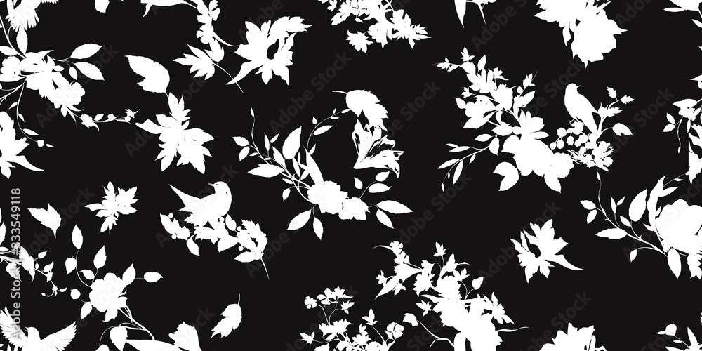 Wide black and white seamless background floral illustration of wild flowers with leaves and nightingale on black. Vintage hand drawn pattern, watercolor. Vector - stock.