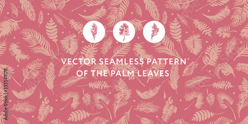 Palm leaves silhouettes pattern. Tropical background for modern fashion banner design. Leaf silhouette, natural wallpaper, trendy eco-fashion backdrop. Palms drawings, ink art, exotic decorations.
