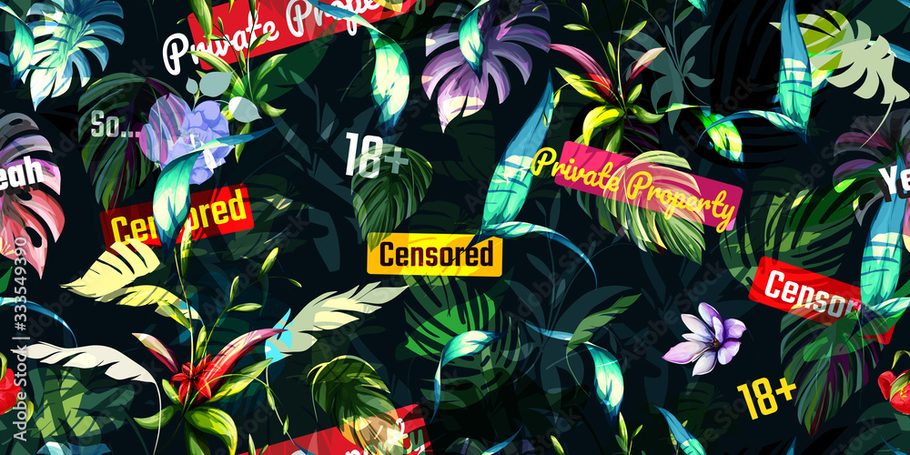Fototapeta Wide seamless floral background pattern. Tropical theme with leaves and words on black. Hand drawn illustration, vector - stock.