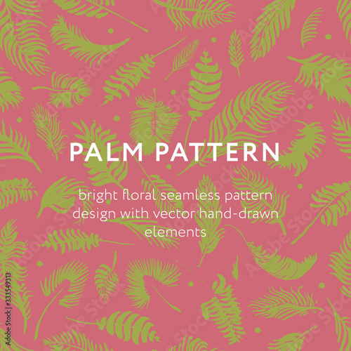 Palm leaves silhouettes pattern. Tropical background for modern fashion banner design. Leaf silhouette, natural wallpaper, trendy eco-fashion backdrop. Palms drawings, ink art, exotic decorations.