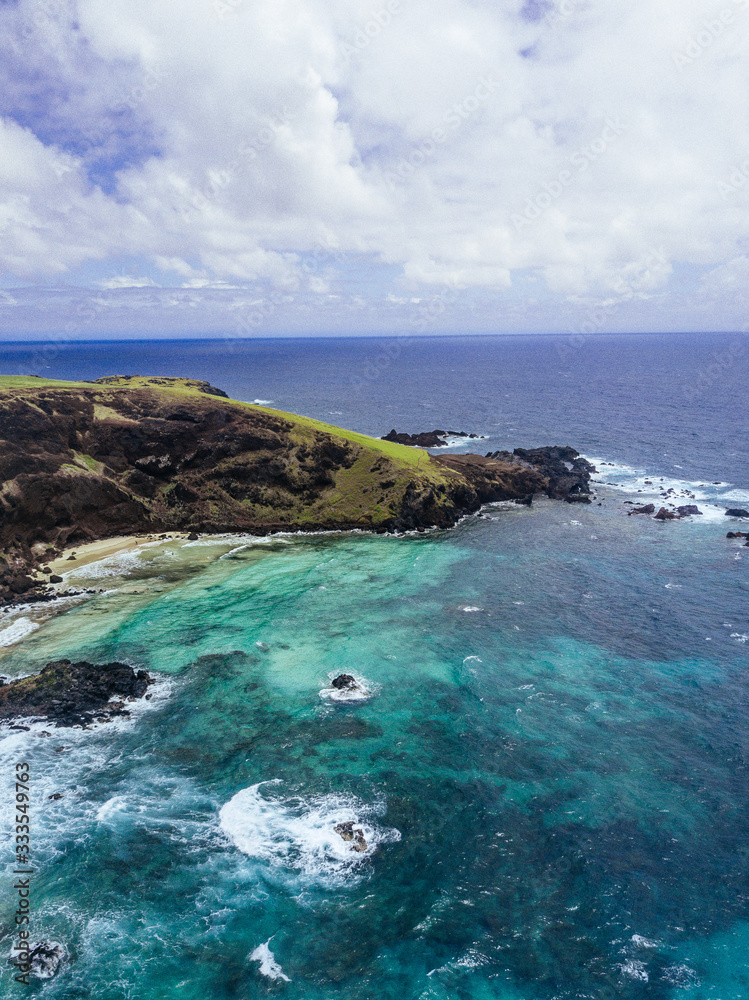 Aerial Drone View Easter Island Isla de Pascua Coast in Chile, Polynesian Island on Pacific Ocean
