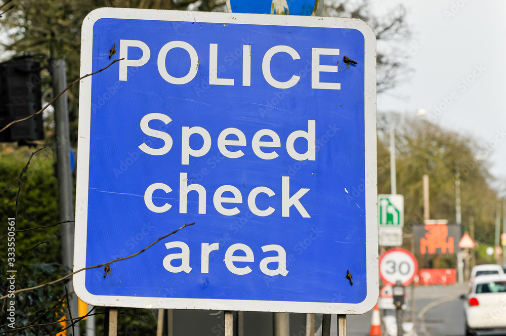 Police speed check area sign at major roadworks.