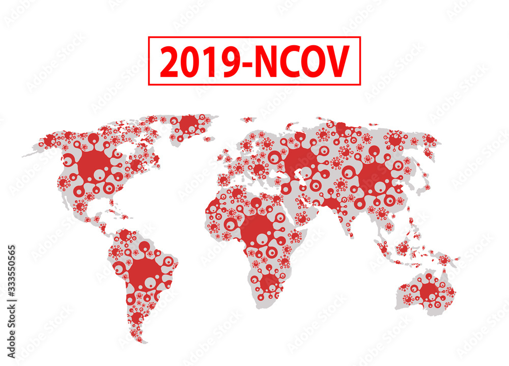 Covid-19 virus outbreak concept worldwide. World map with coronavirus bacteria. Sars-COV-2.