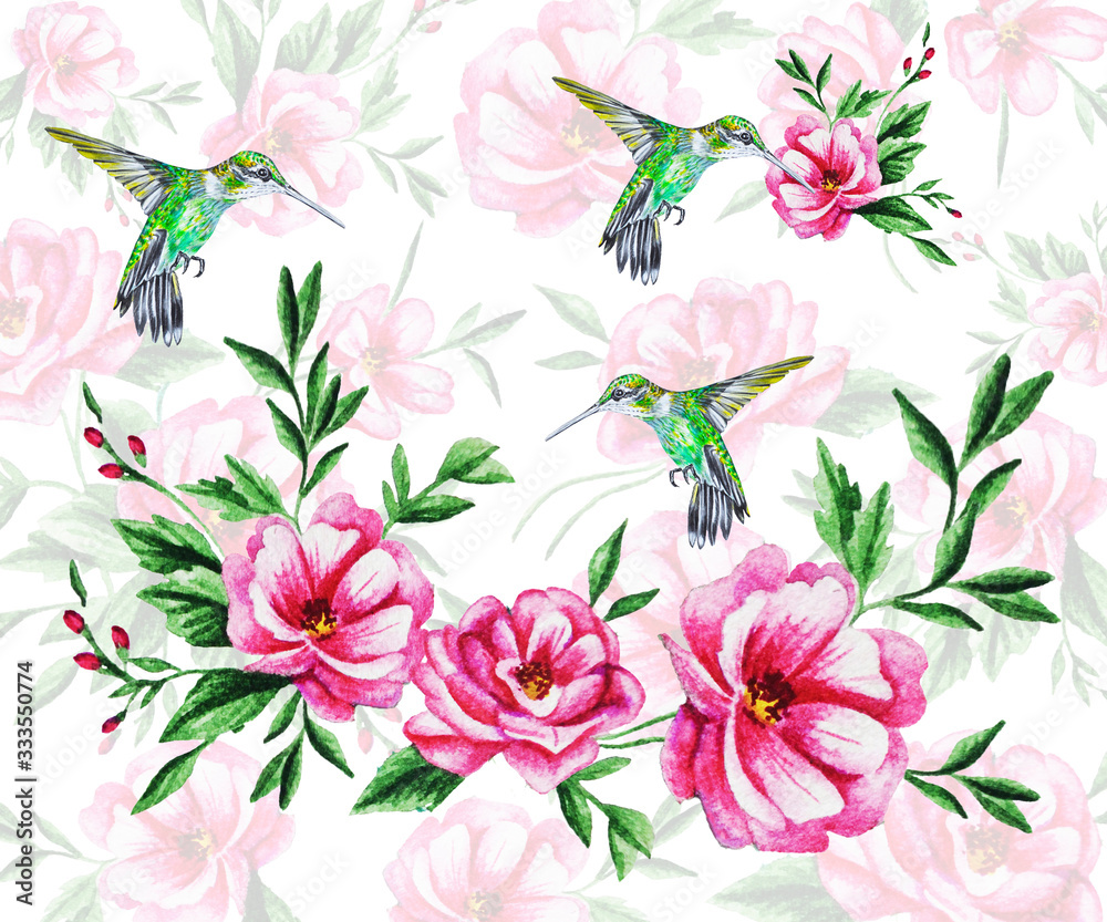 Illustration. On a watercolor background, pink flower buds with green leaves and flying hummingbirds. Illustration. On a watercolor background, pink flower buds with green leaves and flying hummingbirds.