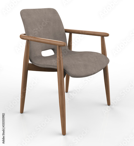 Modern chair with textile seat and wooden legs on white background. 3d render