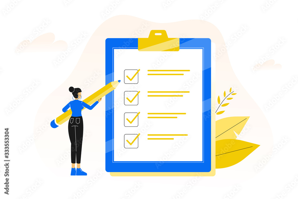 Checklist. Completing of tasks on time. Young business woman or female office worker holding giant pencil and standing with marked checklist board. Vector illustration. Checklist. Completing of tasks on time. Young business woman or female office worker holding giant pencil and standing with marked checklist board. Vector illustration.
