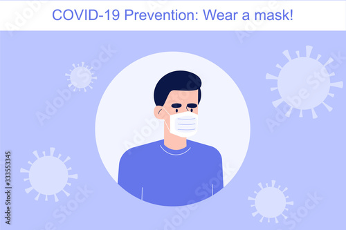 Coronavirus Covid-19 novel prevention concept. Man wearing mask to protect himself and other people from risk. Safety rule to preventing infection in crowd. Infographics vector illustration