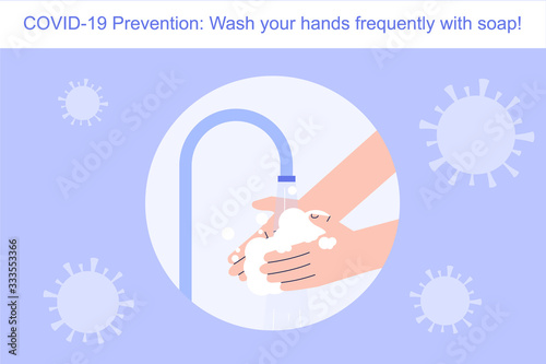 Coronavirus Covid-19 novel prevention concept. Washing hands with soap to protect himself from risk. Safety rule to preventing infection in crowd. Infographics vector illustration