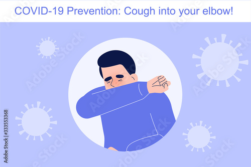 Coronavirus Covid-19 novel prevention concept. Man coughing into his elbow to protect other people from risk. Safety rule to preventing infection in crowd. Infographics vector illustration