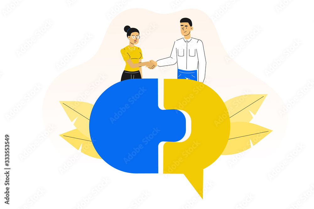 Agreement. Young woman and man managers hand shaking. Making a deal. Standing on speech bubble. Unity. Vector illustration