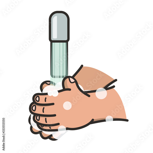 Cartoon image of how to wash your hands thoroughly with soap against a coronavirus.