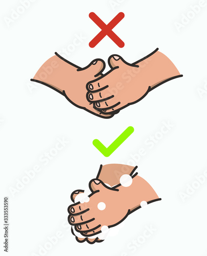The cartoon image of how to wash your hands thoroughly with soap against a coronavirus, and you can’t shake hands so as not to get infected.