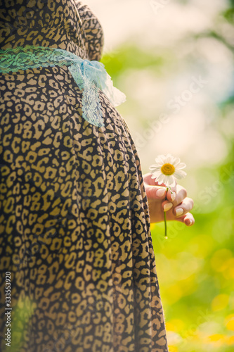 Pregnant girl holds a camomile near her belly