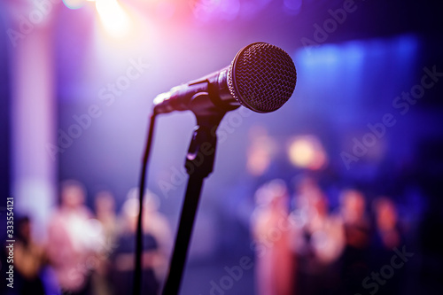 The microphone on stage before the artist performance. photo