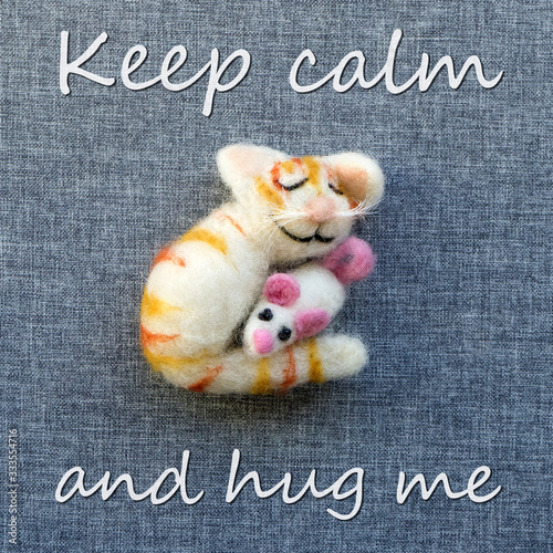 greeting card with cat and mouse and text: Keep calm and hug me