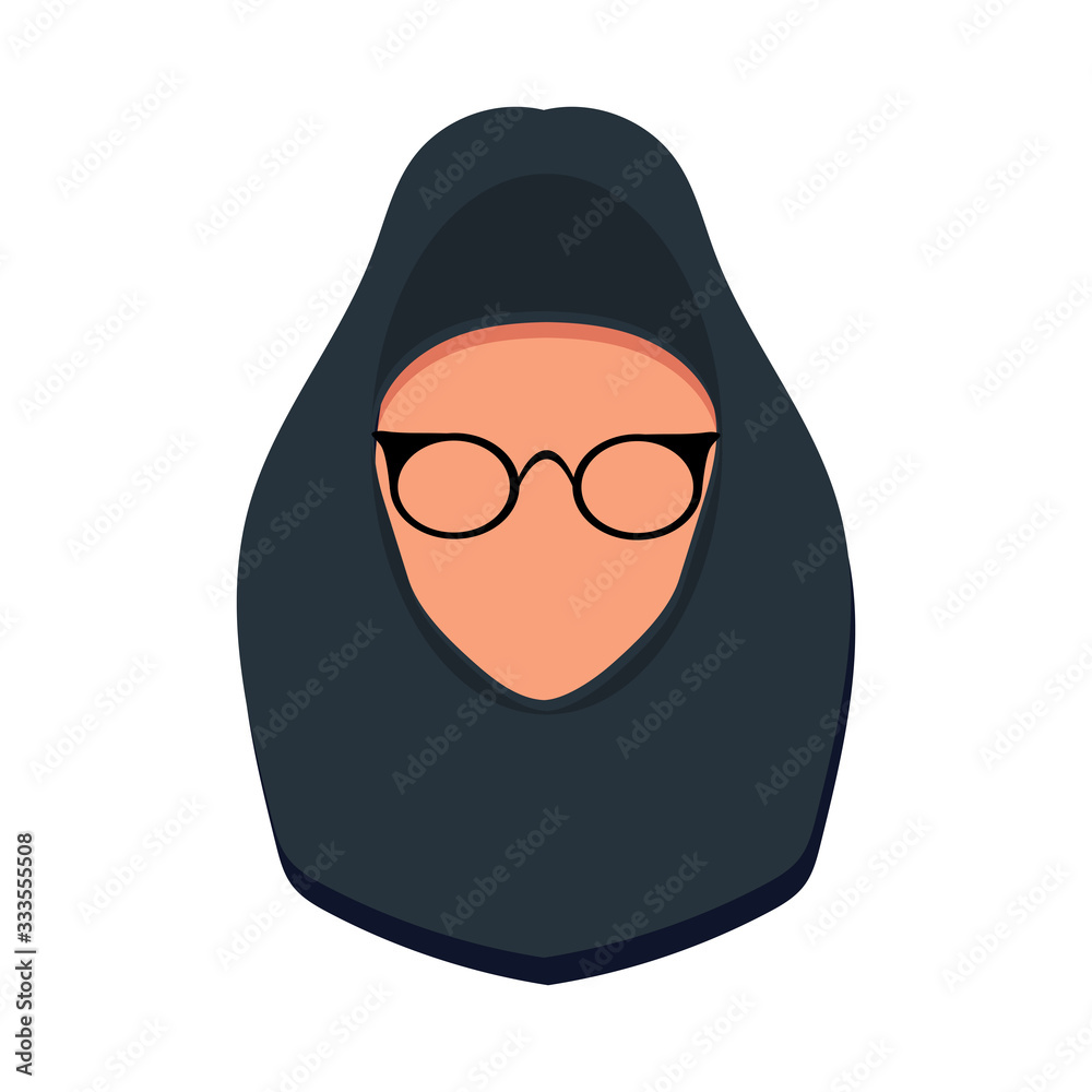 Woman in dark scarf and with glasses icon. Arabic business woman wearing hijab. Arab woman face covered with hijab. Vector stock illustration in flat style for web isolated  on white background.