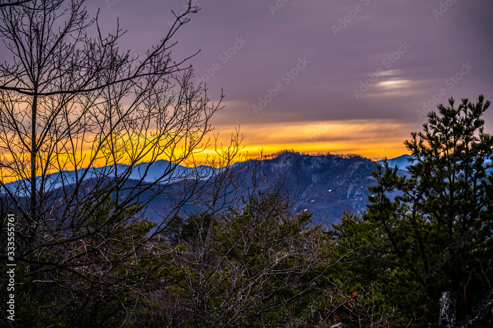 orange sunrise in the mountains with tree branches in the foreground orange sunrise in the mountains with tree branches in the foreground