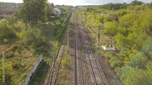 Aerial view of train rails at Klevan', Rivne Oblast, Ukraine