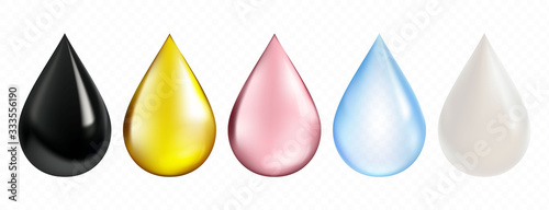 Realistic drop collection, including such items as petrol, olive oil, pink rose droplet, water and milk. 
