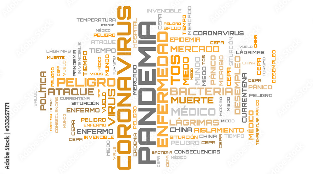Coronavirus brown word cloud on spanish language illustration
