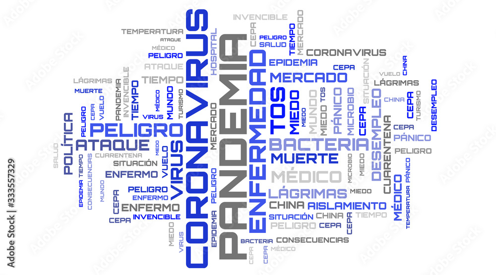 Coronavirus blue word cloud on spanish language background Coronavirus blue word cloud on spanish language background